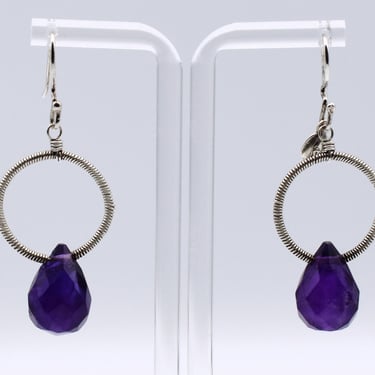 80's amethyst teardrop wrapped sterling goth dangles, big 925 silver purple gem geometric earrings 