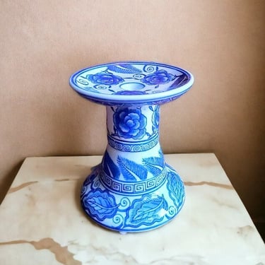 VINTAGE Asian ceramic candleholder showcasing floral motifs in traditional blue and white Chinoiserie style blue and white candleholder 