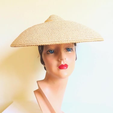 1950's Cream Woven Straw Mushroom Hat Grosgrain Ribbon Bow and Trim 50's Spring Summer Millinery Bridal Wedding Party New York Creation Hats 