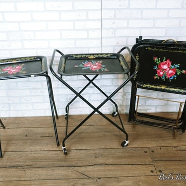 Set of 5 Black and Pink Rose Metal TV Trays with Storage Rack and Rolling Serving Cart 