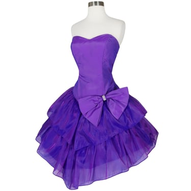 Vintage 80s Purple Iridescent Tiered Full Skirt Cocktail Party Prom Dress M Medium Bow Roberta 