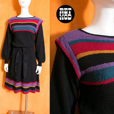 Pretty Cozy Vintage 70s 80s Black Purple Maroon Teal Stripe Sweater Dress by just Mort 