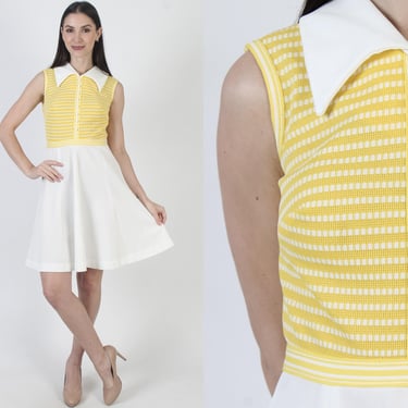 Go Go Sleeveless Dress, White Dagger Collar, Tennis Style Mini, Striped Knit Material 