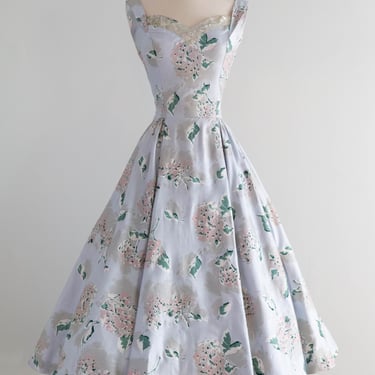 Dreamy 1950's Polished Cotton Hydrangea Print Dress In Mirror Blue / M