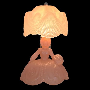 Vintage 40s Pink Glass Southern Belle Boudoir Lamp, Original Shade by L.E. Smith 