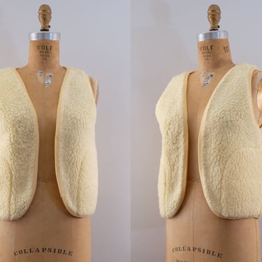 Vintage 60s Heidi NY Faux Shearling Fleece Vest | Boho Style, Side Pockets, No Closures | Small 