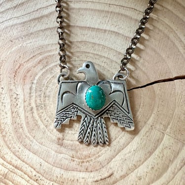 THUNDERBIRD Native Sterling Silver & Turquoise Necklace Pendant, Silver Chain Link | Native American Navajo Style Southwestern Jewelry | 18g 