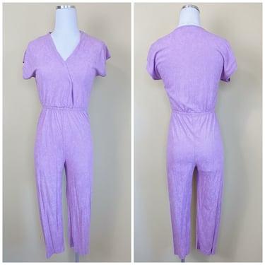 1980s Homewear Pastel Purple Jumpsuit / 80s / Eighties Disco Wrap Terry Cloth Romper / Small - Medium 