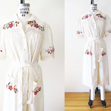 Vintage 40s 50s Mexican Embroidered Souvenir Dress S M  - 1940s 1950s White Belted Flower Embroidered Button Front Cotton Midi Dress 