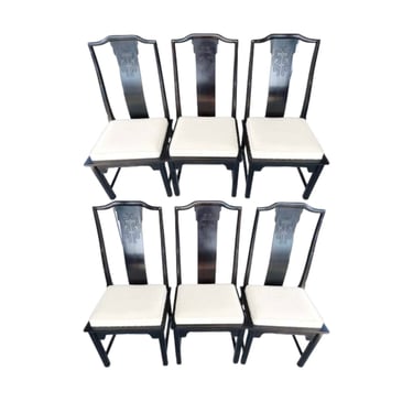 Set of 6 Chinoiserie Dining Chairs by Century Chin Hua - Vintage Black & White Hollywood Regency Chinese Asian Style Furniture 