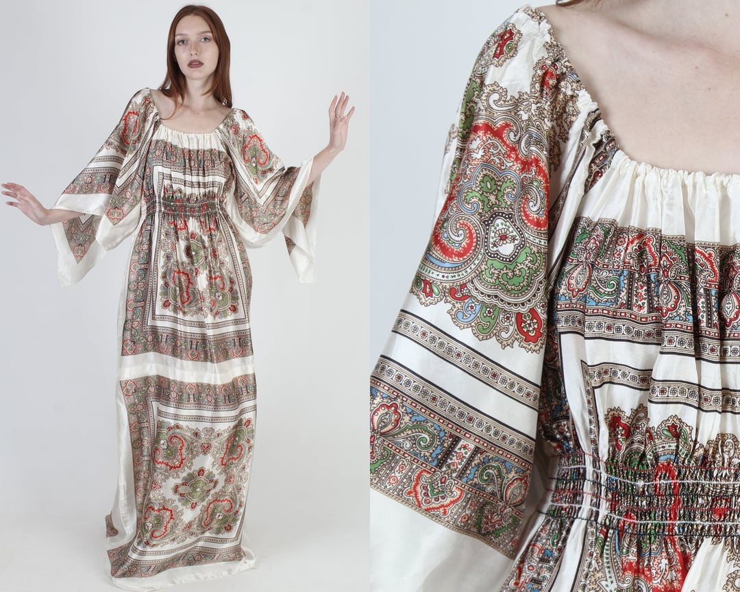 Vintage 70s Paisley Scarf Dress, Large Kimono Angel Sleeves, Floor