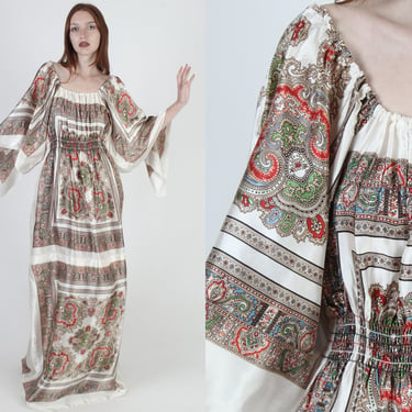 Vintage 70s Paisley Scarf Dress, Large Kimono Angel Sleeves, Floor Length Handkerchief Print, Elastic Smocked Long Maxi Dress 