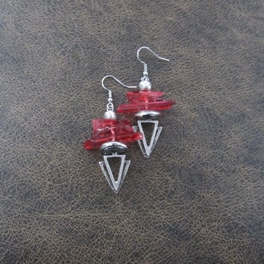 Raw quartz crystal earrings red and silver 
