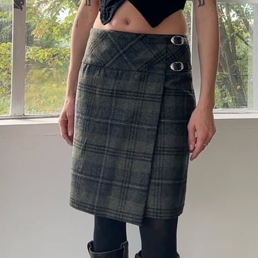 Olive Wool Plaid Wrap Skirt (S/M)