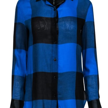 Rag & Bone - Blue & Black Plaid Long Sleeve Button Front Shirt w/ Leather Collar Sz XS