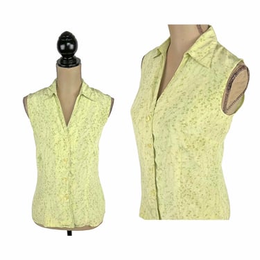 Y2K Sleeveless Silk Top, Light Green Floral Blouse Small Medium, Collared Button Up Shirt, Summer Clothes for Women 