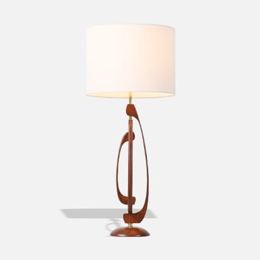 Mid-Century Sculpted Walnut Table Lamp with Brass Accent