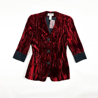 1990s Badgley Mischka Red Crushed Velvet Blazer / Three Quarter Length Sleeve / Size 4 / Small / Goth / Oxblood / Black Trim / The Nanny / 