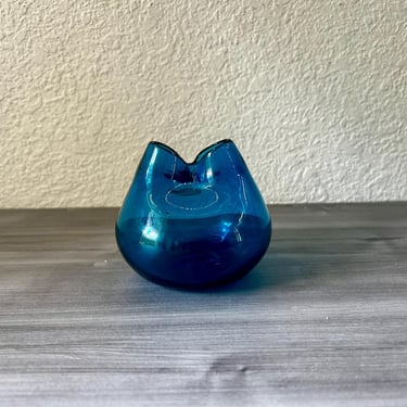 Vintage Blenko Turquoise Pinched Vase, Blue Double Mouth Vase, Mid Century Blue vase 