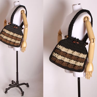 1970s Black, Brown and Tan Macrame Woven Shoulder Handbag by Casa De Filby 