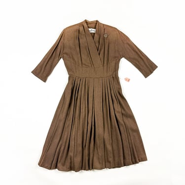 1950s Gloria Swanson Forever Young Light Brown Fuzzy Shirt Dress / Fit and Flare / New Look / 50s / Pin Up / Large / Fleece / Shelf Bust / 