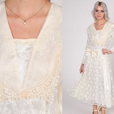 Gunne Sax Wedding Dress 80s Cream Lace Party Dress Victorian Floral Pearl Beaded Bow Long Puff Sleeve Boho Midi Vintage 1980s Small 