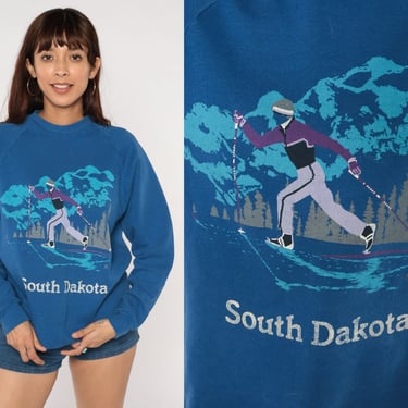 South Dakota Sweatshirt 80s Skier Graphic Sweater Blue Retro Cross-Country Ski Skiing Raglan Sleeve Vintage 1980s Jerzees Extra Large xl 