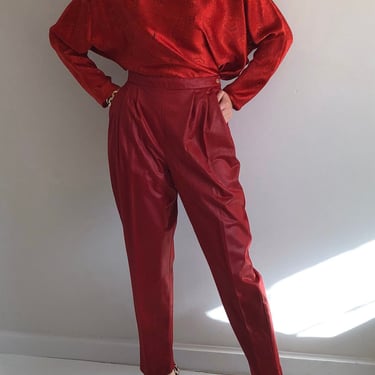 90s pleated pants  / vintage red high waisted pleated relaxed tapered leg pants | 27-31 Waist Medium 