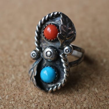 Turquoise Coral RING / Vintage Southwest Jewelry / Size 6 1/2 Sterling Silver Ring 