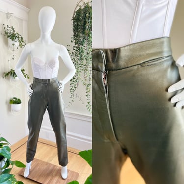 Vintage 1980s Pants | 80s Genuine Leather Metallic Brass Gold High Waisted Buttery Soft Trousers (medium) 