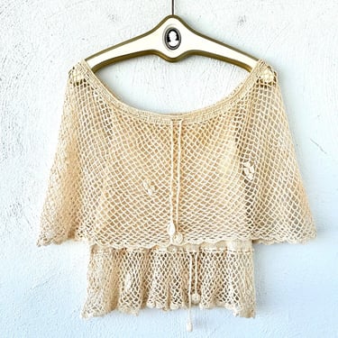 Vintage 70s Boho Crochet Off Shoulder Top 1970s White Hippie Lace Cutout Shirt 