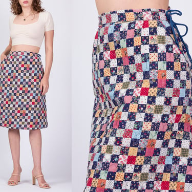 70s Patchwork Quilt Floral Wrap Skirt - Small, 26" | Vintage A Line Boho Pocket Midi Skirt 