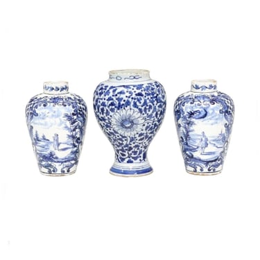 18th Century Dutch Chinoiserie Rocaille Delft Tin-glazed Pottery Garniture Set of 3 Vessels - Antique Blue & White Ceramic Jars Vase 