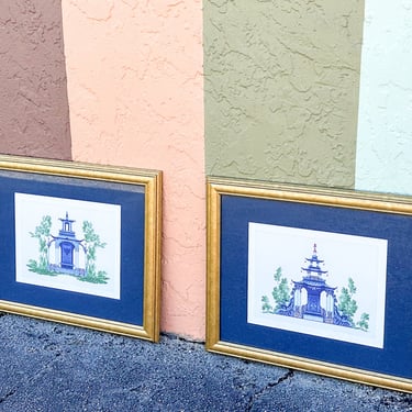 Pair of Blue and White Pagoda Prints