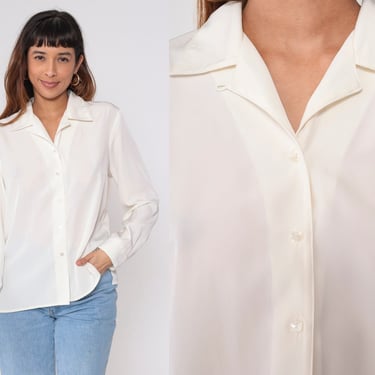 Simple White Blouse 90s Button up Shirt Long Sleeve Collared Top Retro Plain Simple Basic Minimalist Chic Vintage 1990s Large L 