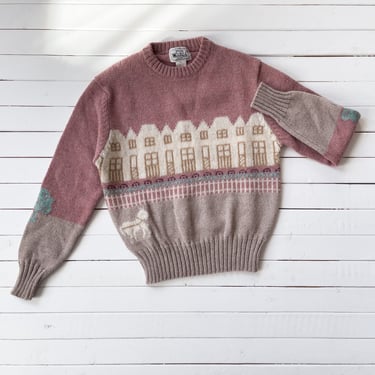 cute cottagecore sweater 80s 90s vintage rose pink brownstone house horse novelty sweater 