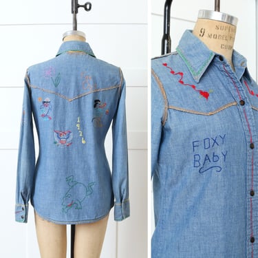 vintage 1970s hand embroidered denim shirt • "foxy baby" far out cartoon embroidery womens shirt 