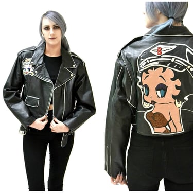 Vintage Black Leather Motorcycle Jacket with Betty Boop// Black Leather Biker Jacket with Betty Boop Comic Cartoon Size Large 