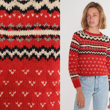 Fair Isle Sweater 80s LL Bean Red Wool Pullover Knit Sweater Retro Geometric Print Crewneck Jumper Cozy Winter Knitwear Vintage 1980s Small 