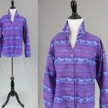 80s 90s Wrangler Blues Horse Print Shirt - Purple Blue White Cotton - Country Western Cowgirl - Vintage 1980s - L 
