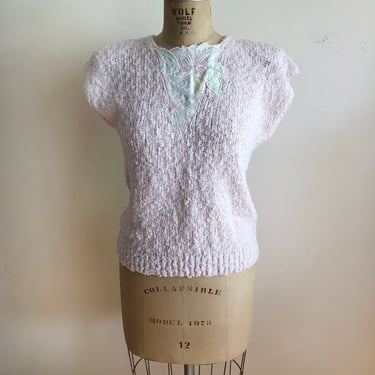 Pale Pink Slub-Knit Sweater Top with Floral Applique - 1980s 