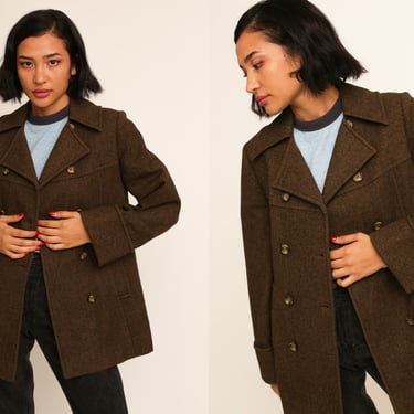 Vintage 1970s 70s Pendleton Brown Wool Speckled Military Coat Jacket // Double Breasted Lapel Collar 