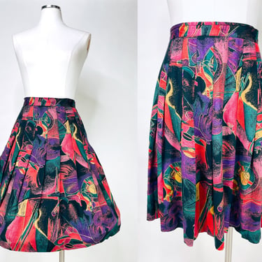Vintage 80s-90s Dark Hugh Abstract Print Pleated Knee Length Skirt by Michael Taylor USA M/L | New Wave, Retro, High Waist, School Girl 