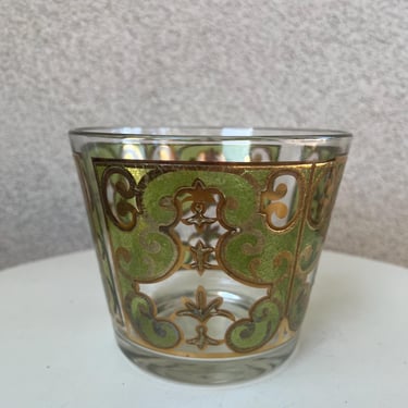 Vintage Modern Culver Starlyte glass ice bucket gold 22K green frosted size 5” x 6”. 
