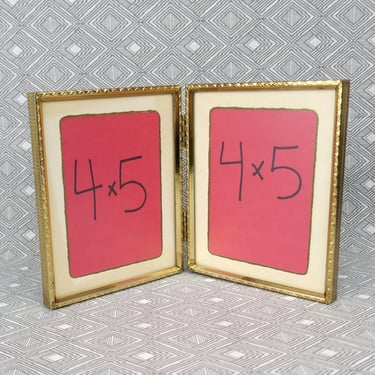 Vintage Hinged Double Picture Frame - Gold Tone Metal w/ non-glare Glass and mats - Holds Two 4" x 5" Photos, or two 3" x 4" photos w/ mat 