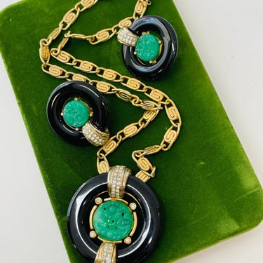 Signed Gem-Craft Vintage Faux Carved Jade Resin Rhinestone and Black Enamel Earrings and Necklace Set