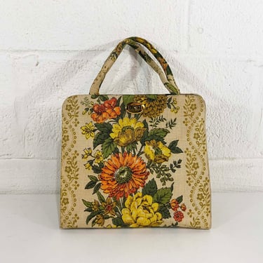 Vintage Margaret Smith Bag 60s Purse Sewing Knitting 1960s Handbag Purse Fabric Yellow Box Floral Flowers Flower Power Gardiner Maine USA 