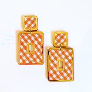 Sample Sale  Orange Gingham Rectangle Statement Earrings