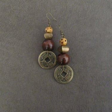 Asian coin earrings, unique ethnic earrings, carved bone, modern contemporary earrings, wooden earrings, rustic artisan earrings, primitive 