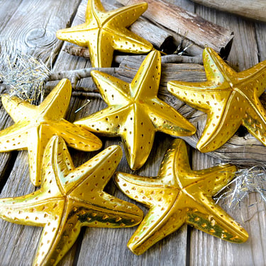 VINTAGE: 5pc Hand Carved Light Wooden Starfish Ornament - Gold Holiday Ornaments - Lake House, Ocean, Nautical, Sea - SKU Tub-399-00032644 